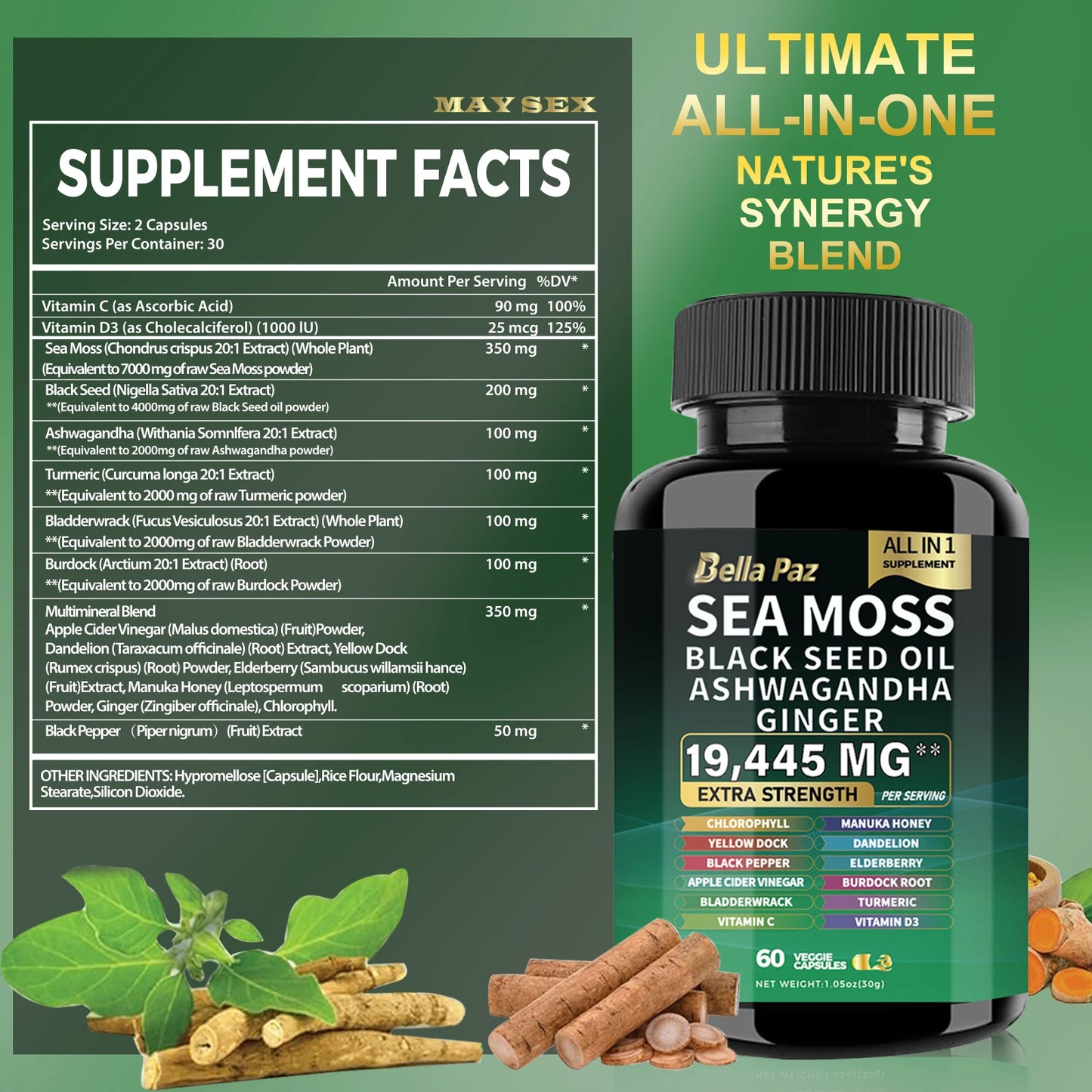 Bella Paz Sea Moss with Black Seed Oil, Ashwagandha, Turmeric & Vitamins